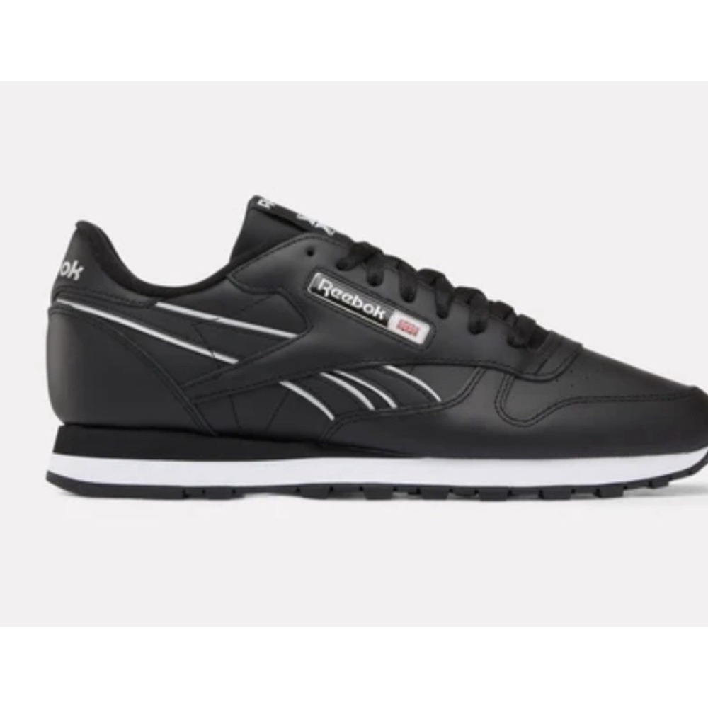 REEBOK MENS BLACK SNEAKER CLASSIC LEATHER LOW WHITE CONTRAST STITCH 8.5 New